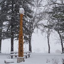 Snowy scene of baseball bat and ball