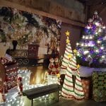 Various Christmas trees with picture of train